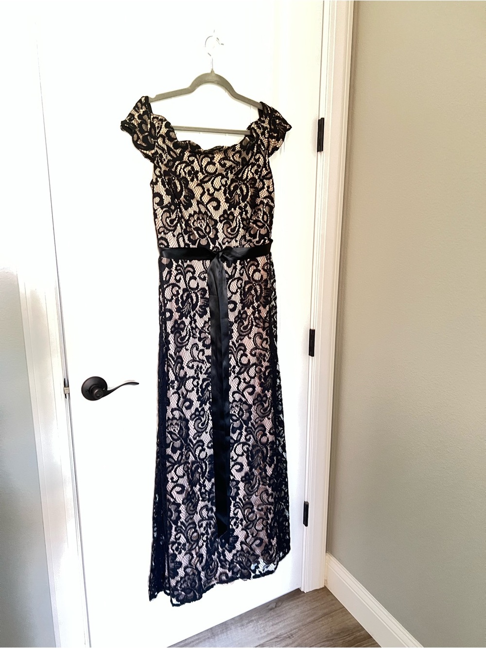Betsy & Adam Black Lace Maxi with Nude Underlay and Waist Sash